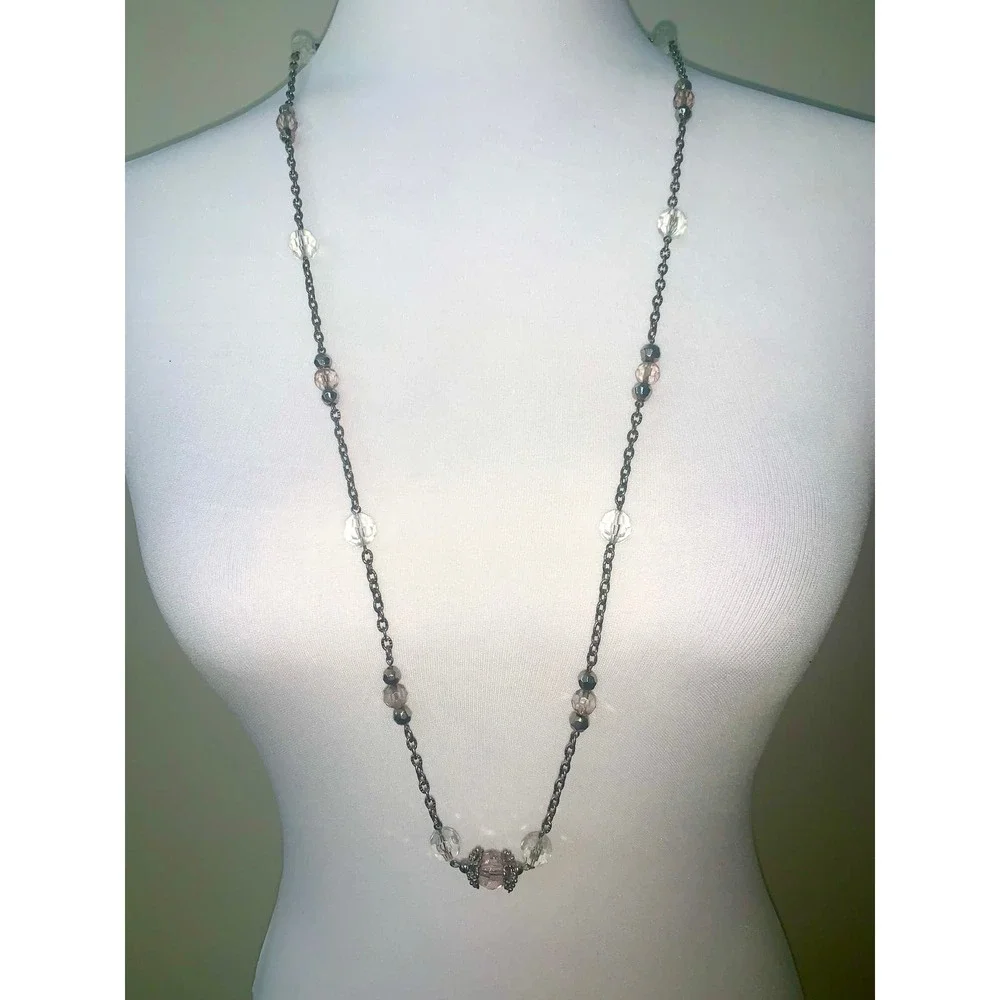 New York & Company Silver Tone Antique Style Glass Bead Station Necklace